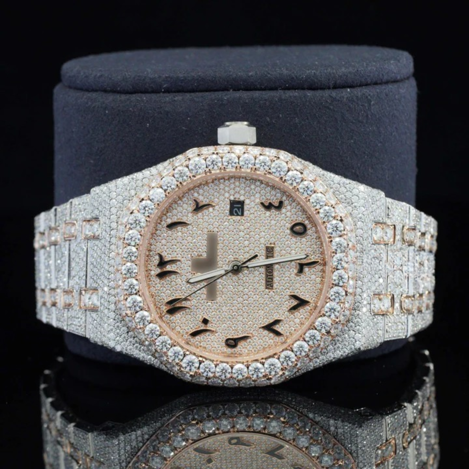 Luxury Moissanite Watch Iced Out Arabic Numericals Automatic Movement For Men