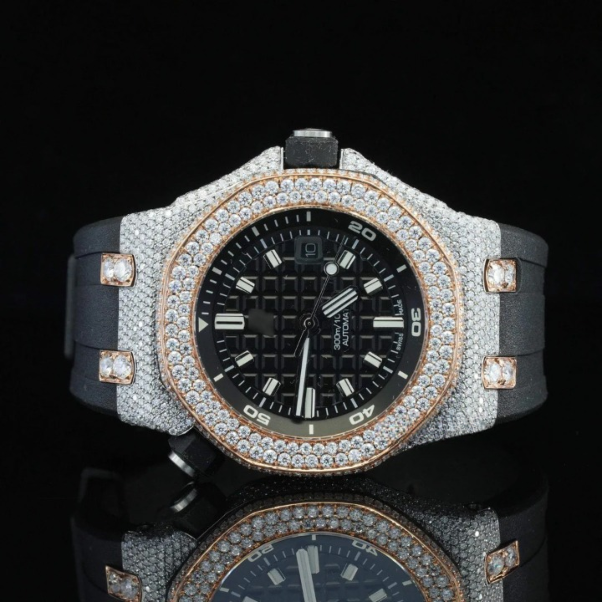 Fabulous Moissanite Wrist Watch With Black Color Belt For Men