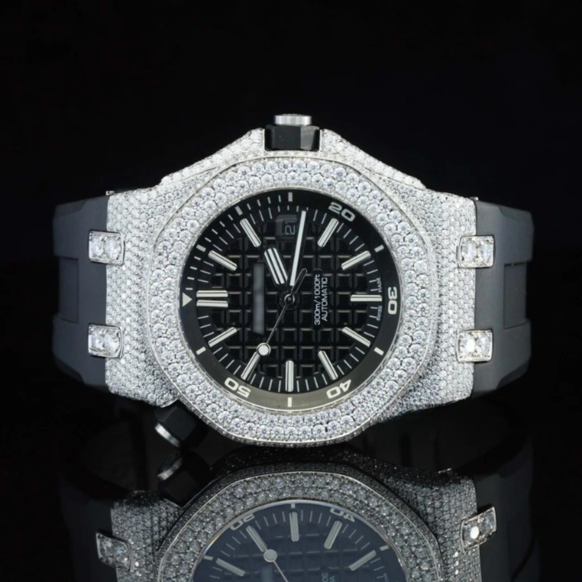 Fabulous Moissanite Wrist Watch With Black Color Belt For Men