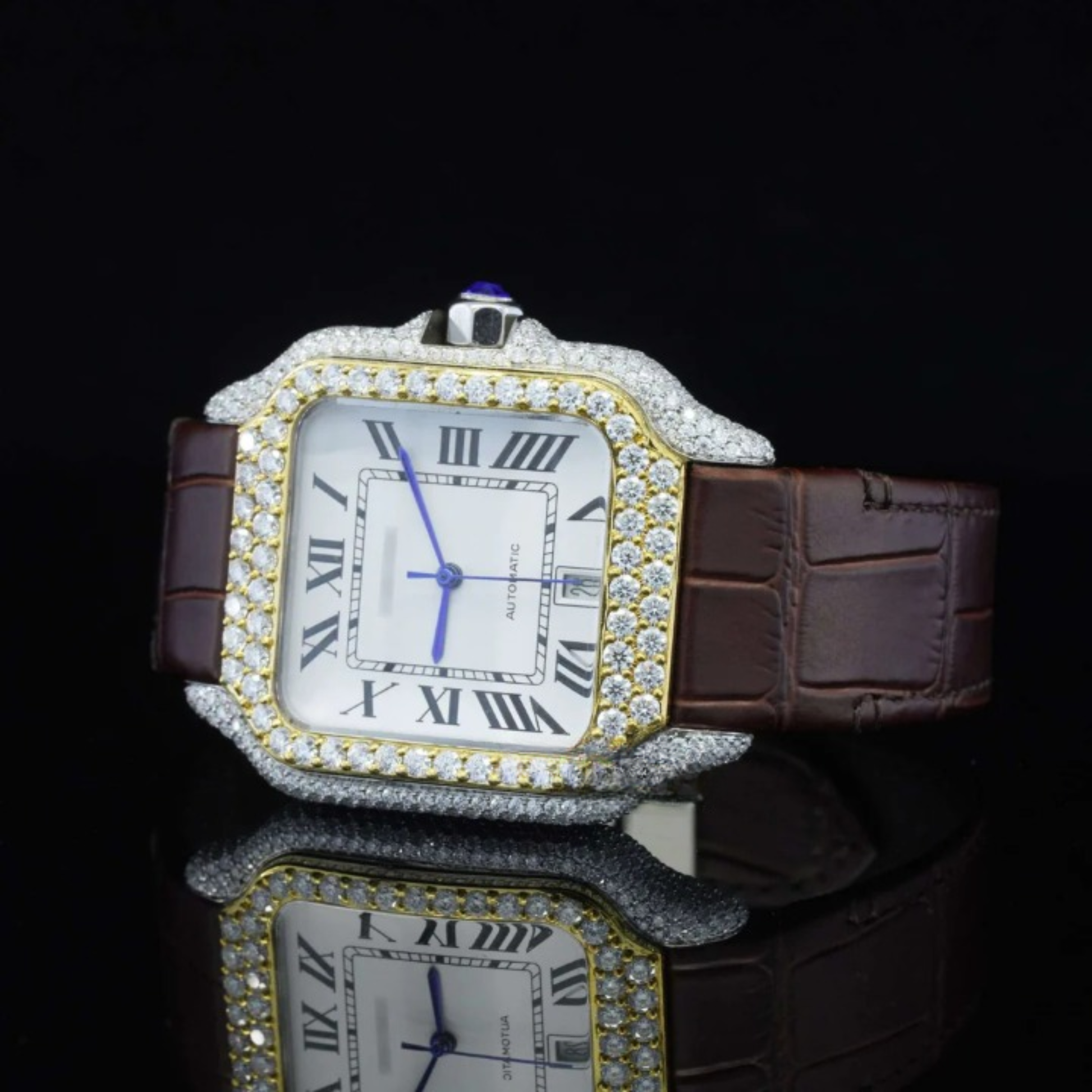 Amazing White Dial With Brown Leather Belt Moissanite Watch