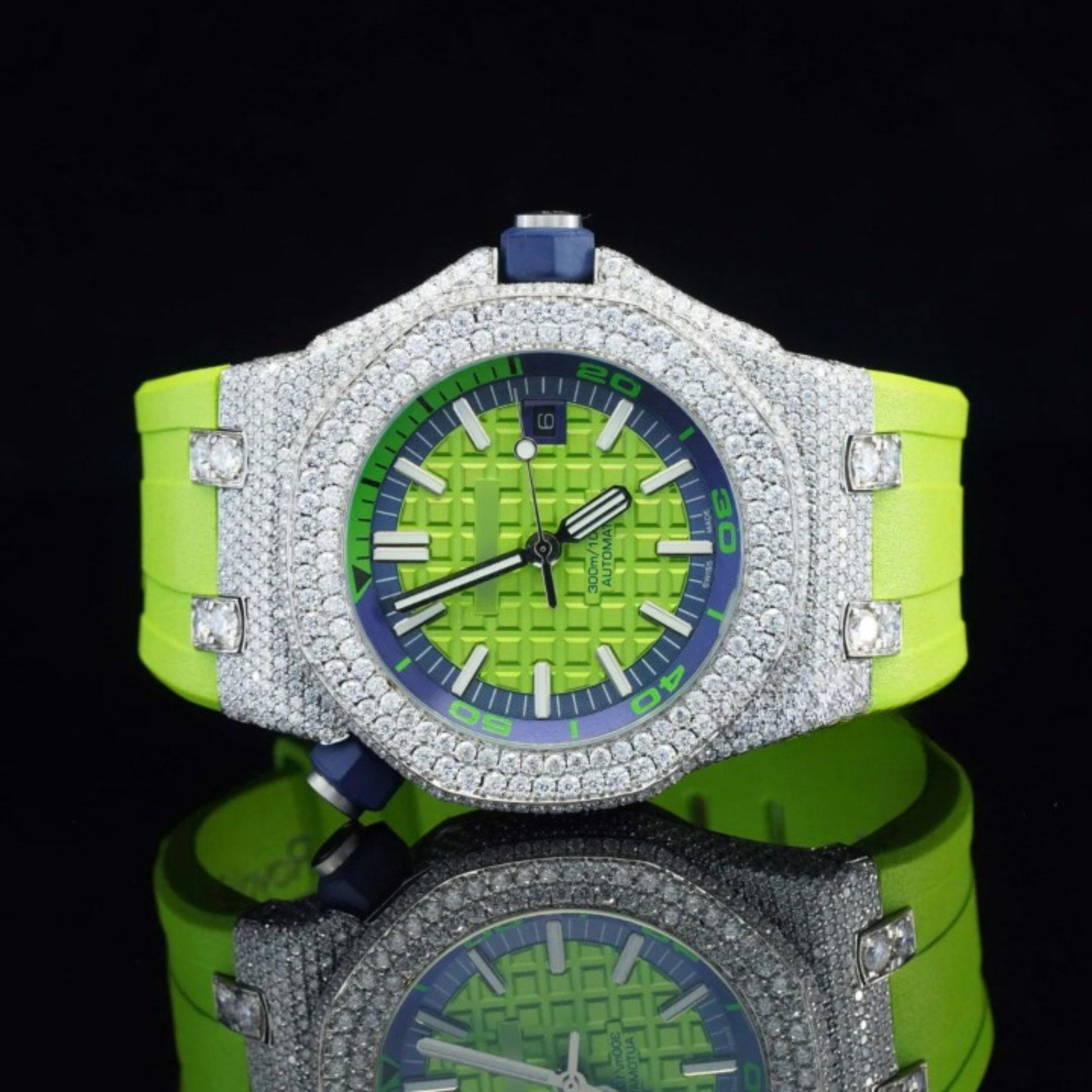 Iced Out Moissanite Watch And Green Color Belt Automatic Watch For Men
