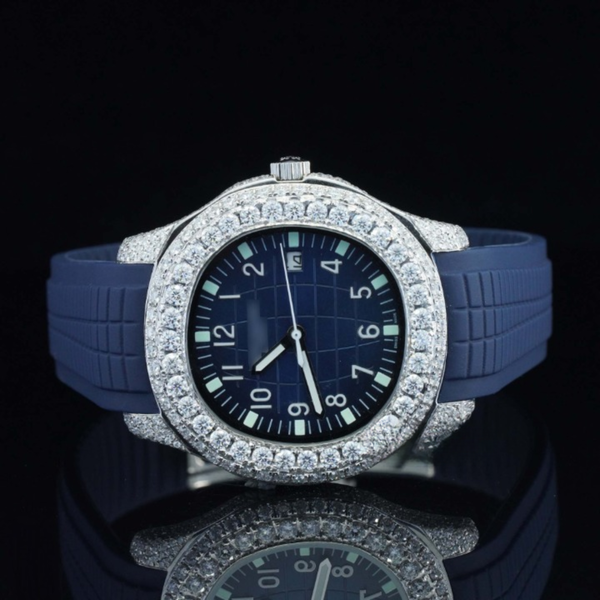 Iced Out Moissanite Diamond Watch Blue Color Belt Automatic Watch For Men