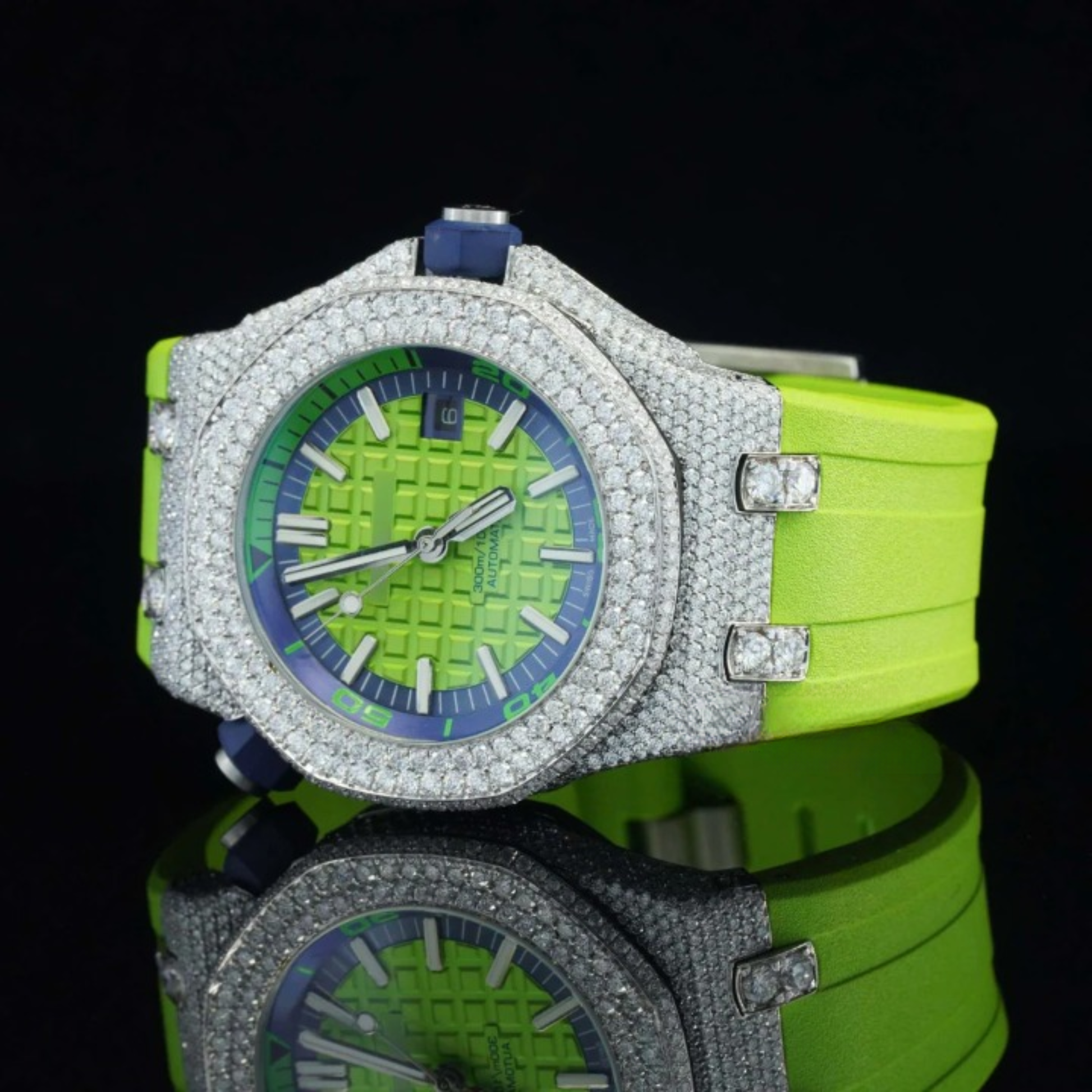 Iced Out Moissanite Watch And Green Color Belt Automatic Watch For Men