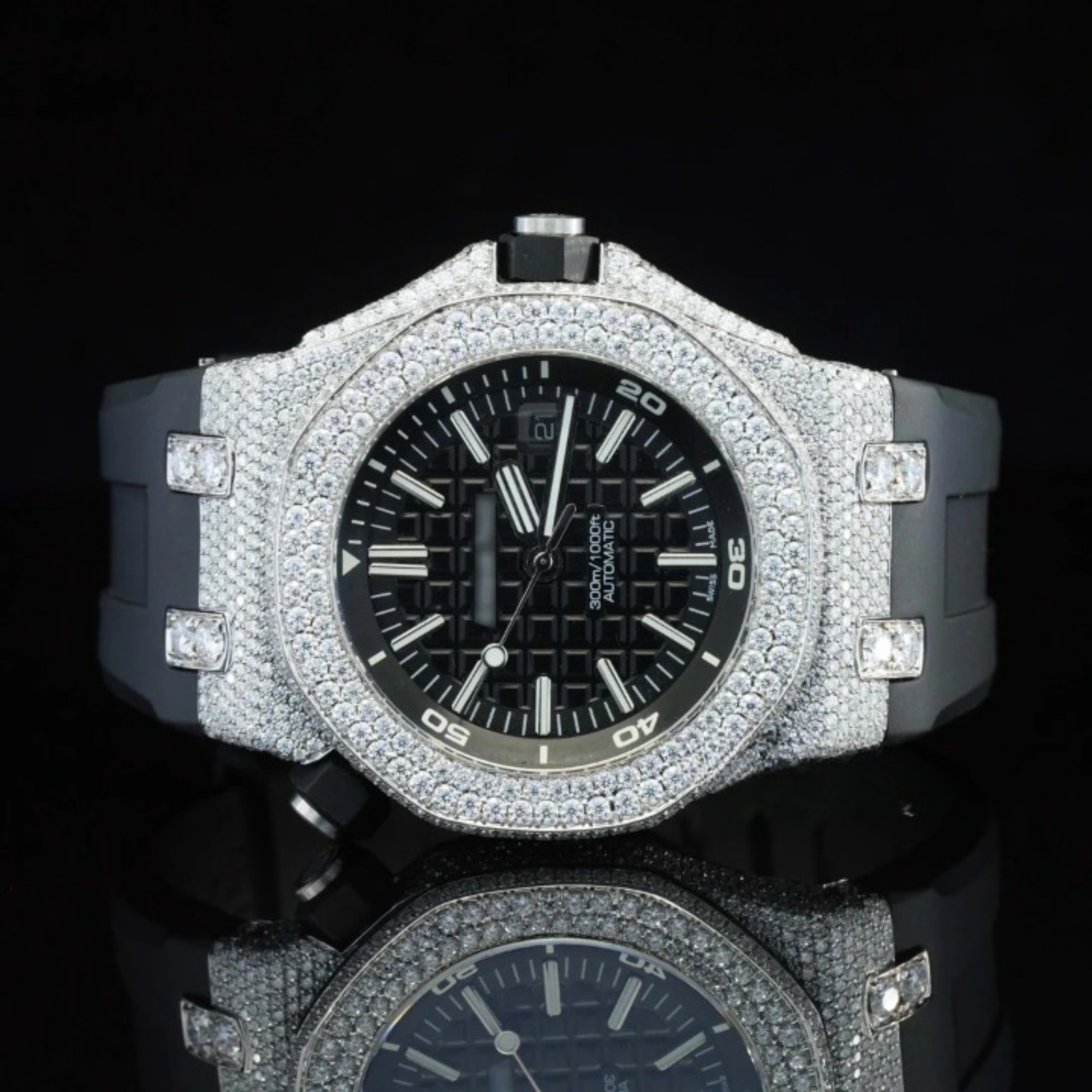 Awesome Two Tone Black Rubber Belt Moissanite Watch For Men