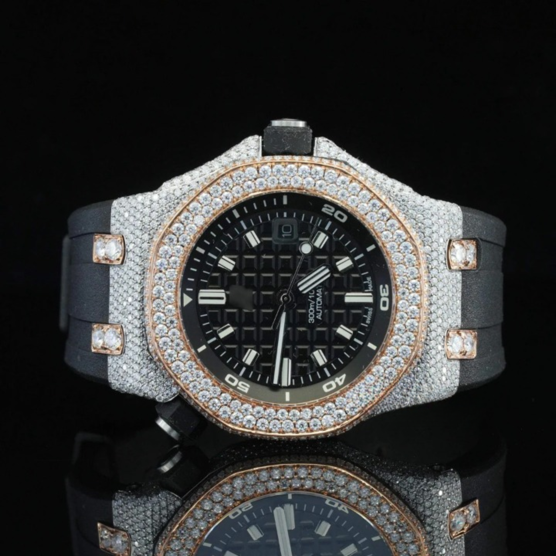 Awesome Two Tone Black Rubber Belt Moissanite Watch For Men