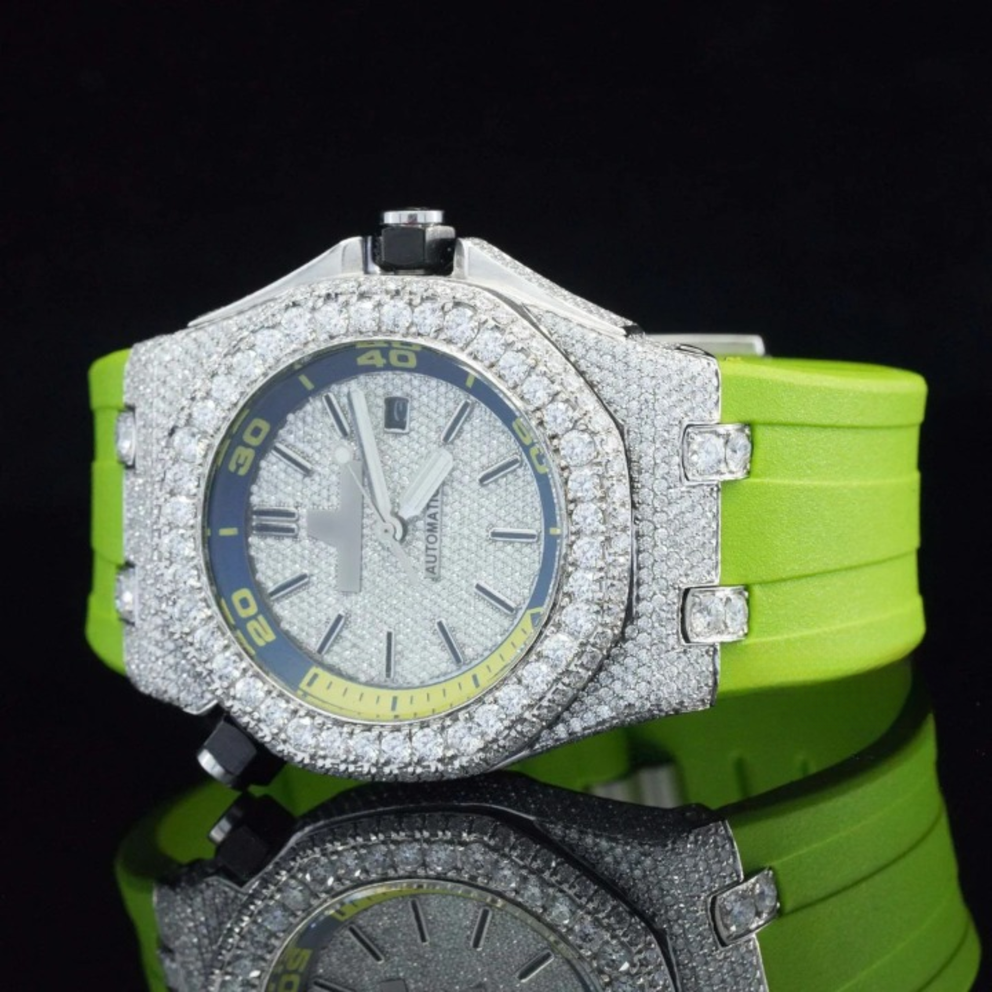 Moissanite Diamond Watch Iced Out Green Belt Automatic Wrist Watch