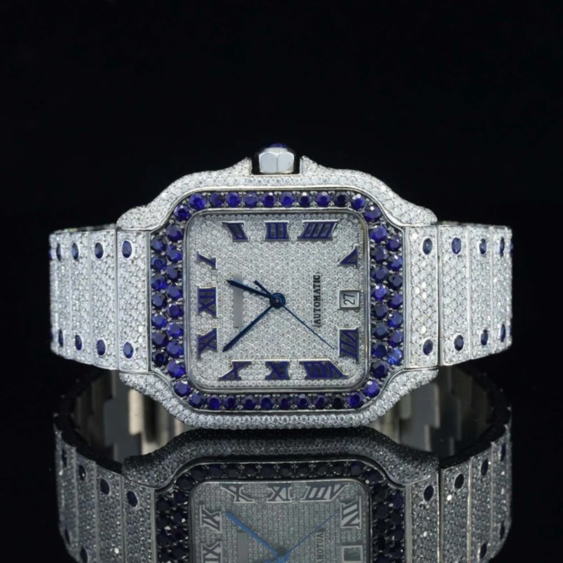 Iced Out Moissanite Watch Automatic Movement Blue And White For Men
