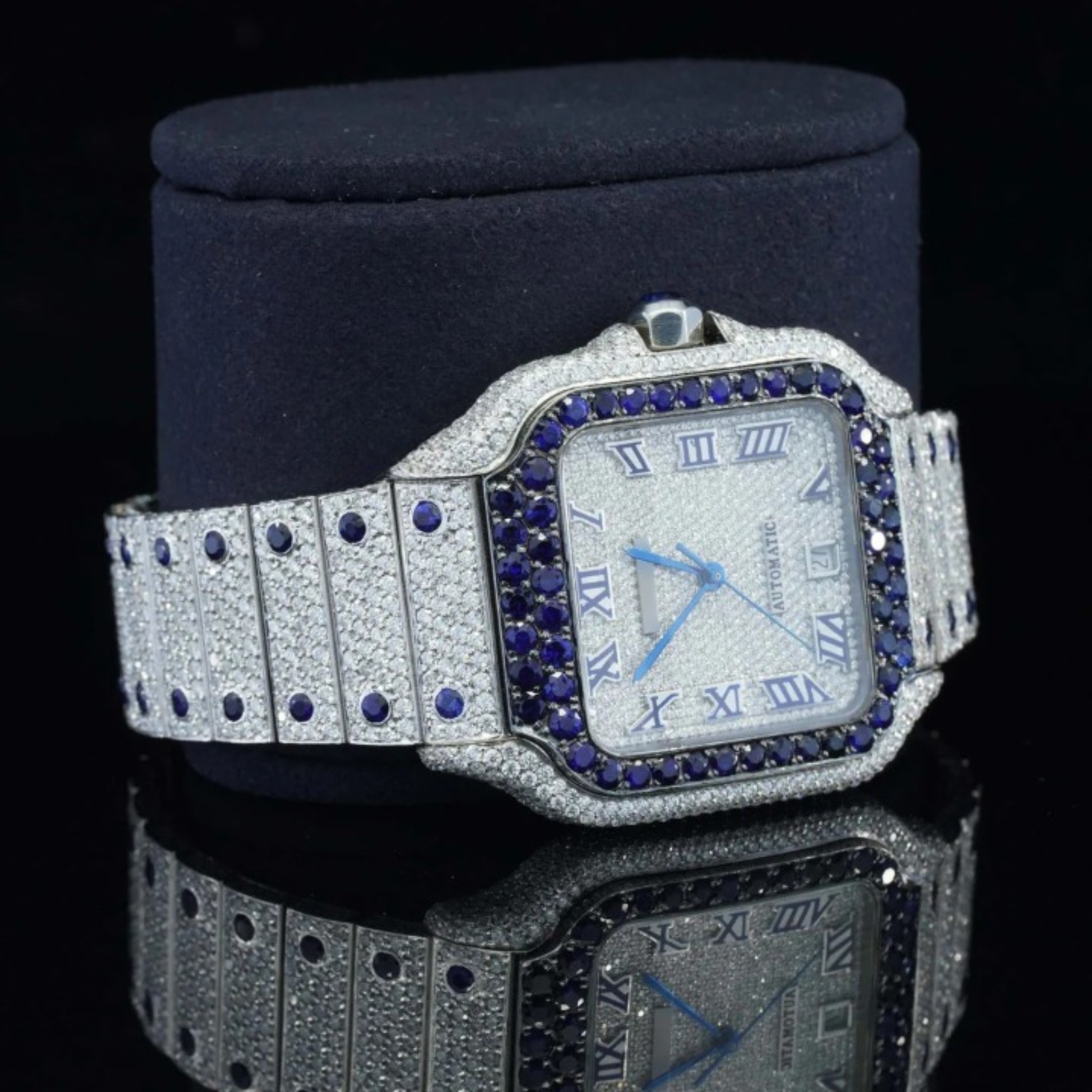 Iced Out Moissanite Watch Automatic Movement Blue And White For Men