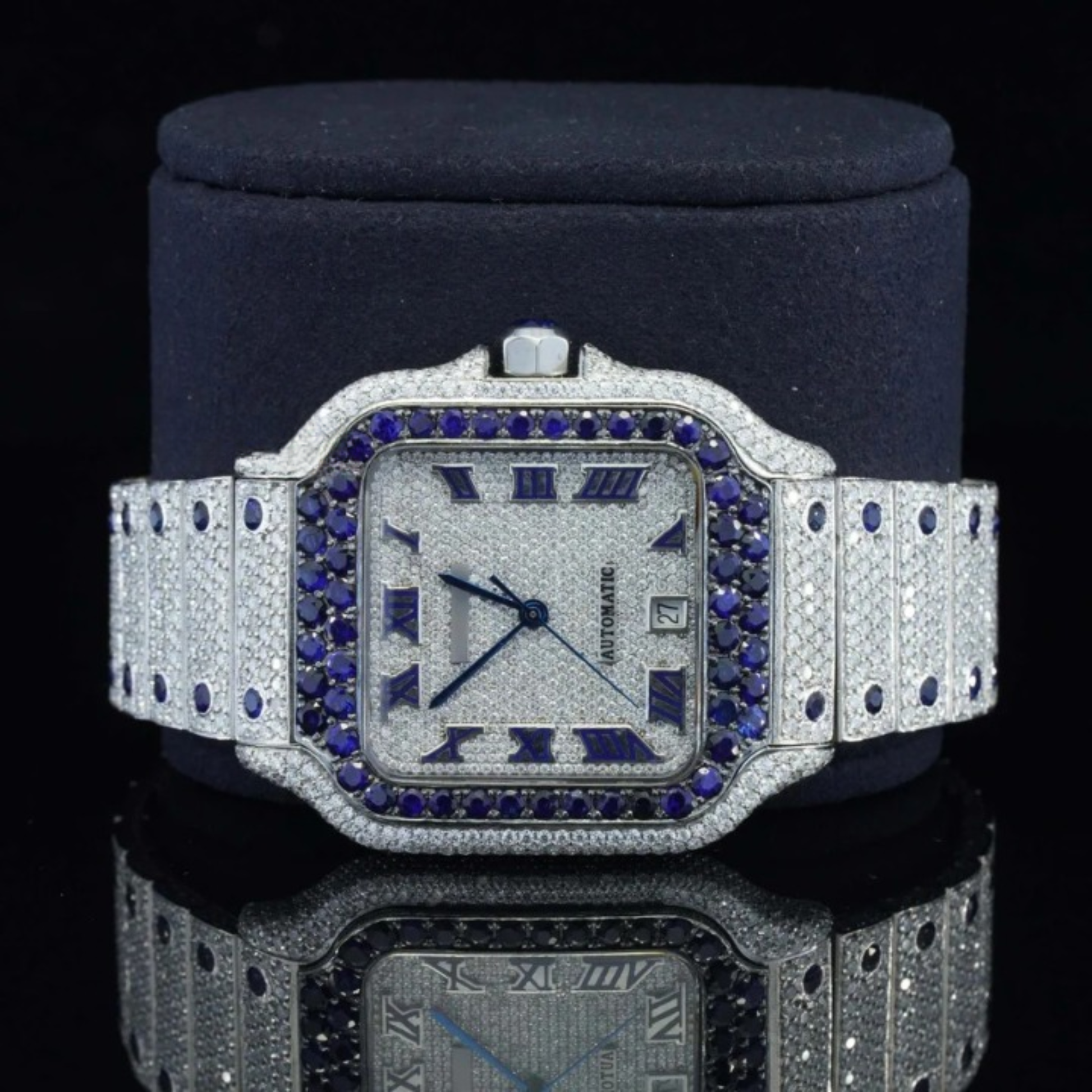Iced Out Moissanite Watch Automatic Movement Blue And White For Men