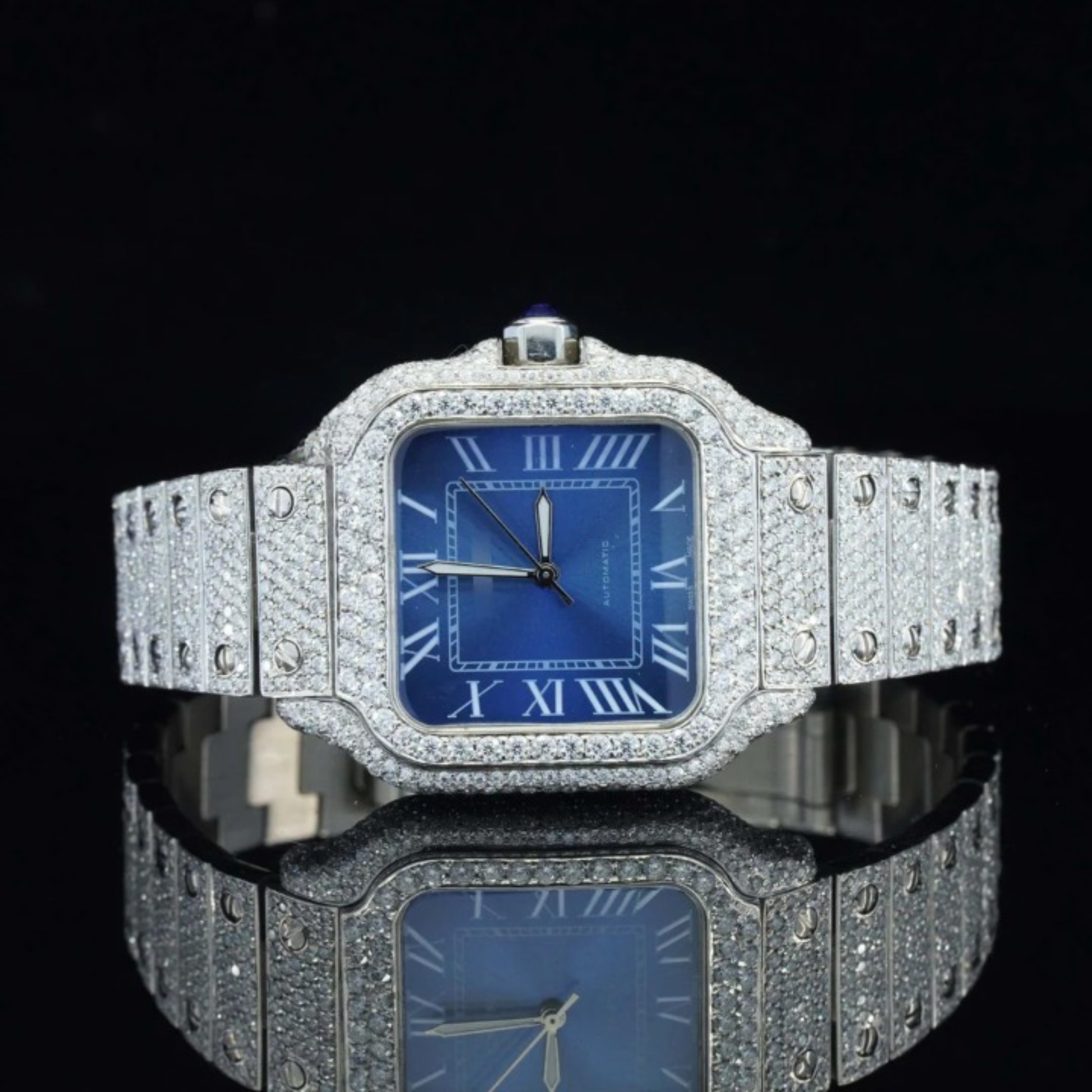 Iced Out Moissanite Watch Blue Dial Metal Belt Fully Automatic For Men