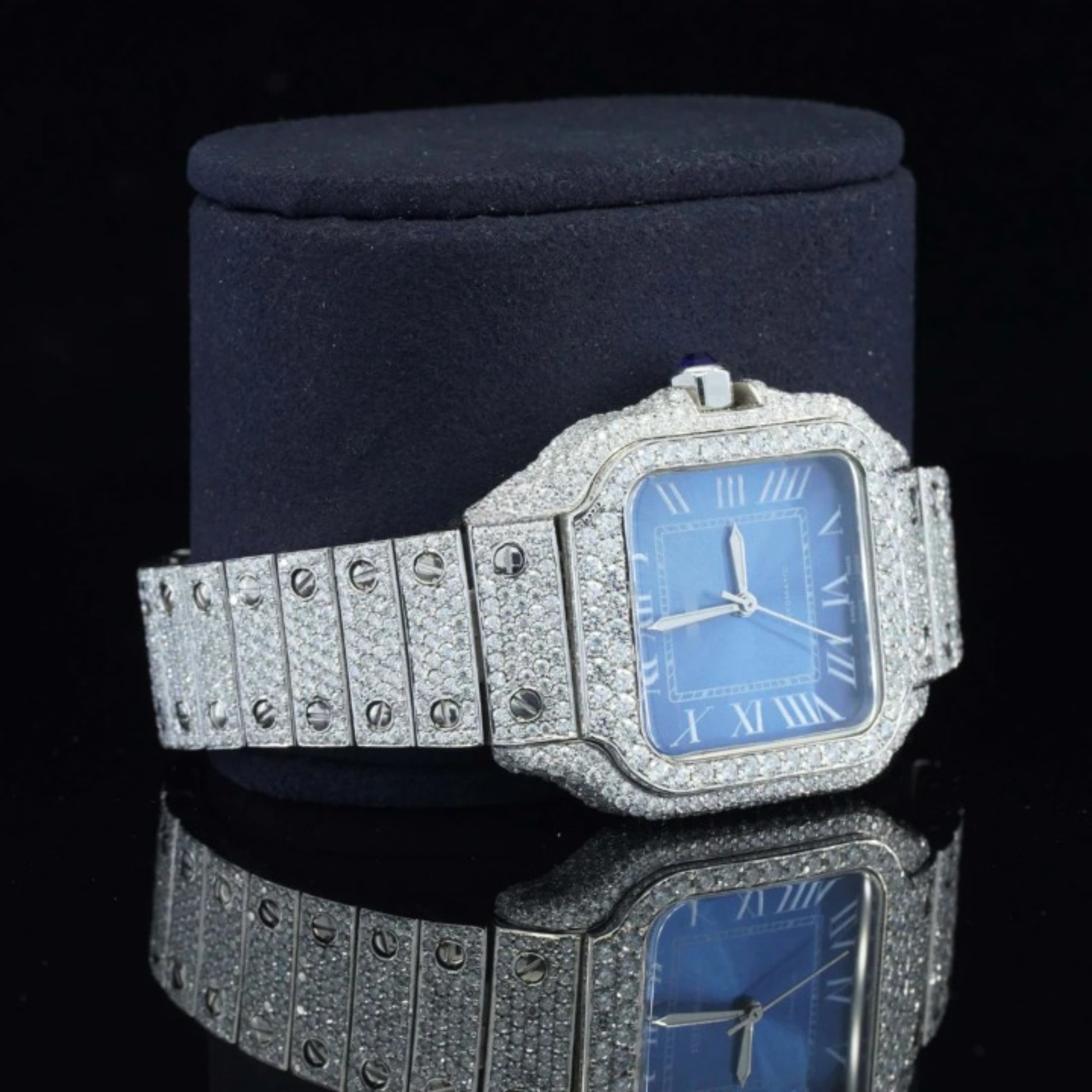 Iced Out Moissanite Watch Blue Dial Metal Belt Fully Automatic For Men