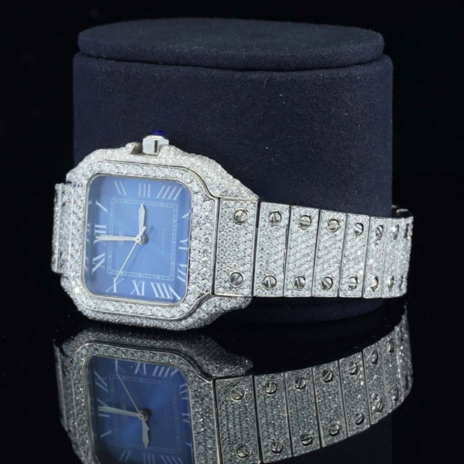 Iced Out Moissanite Watch Blue Dial Metal Belt Fully Automatic For Men