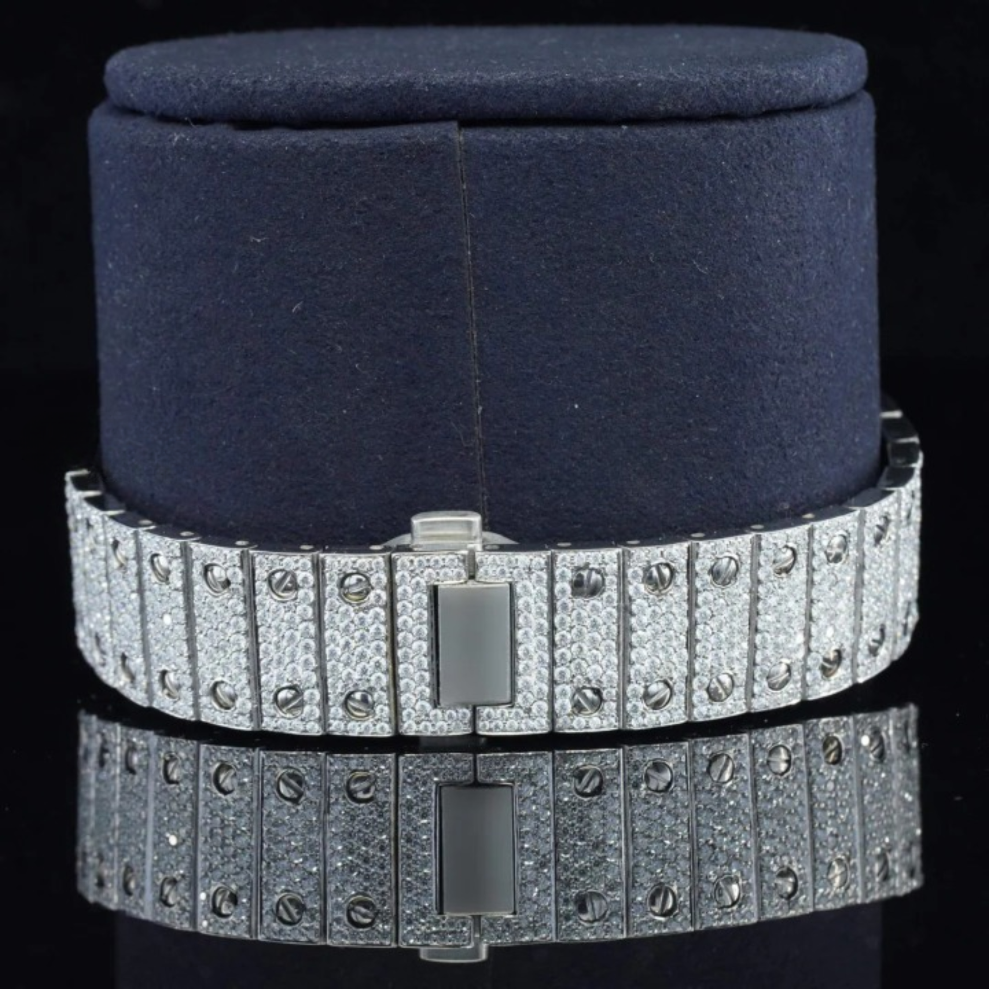 Iced Out Moissanite Watch Blue Dial Metal Belt Fully Automatic For Men