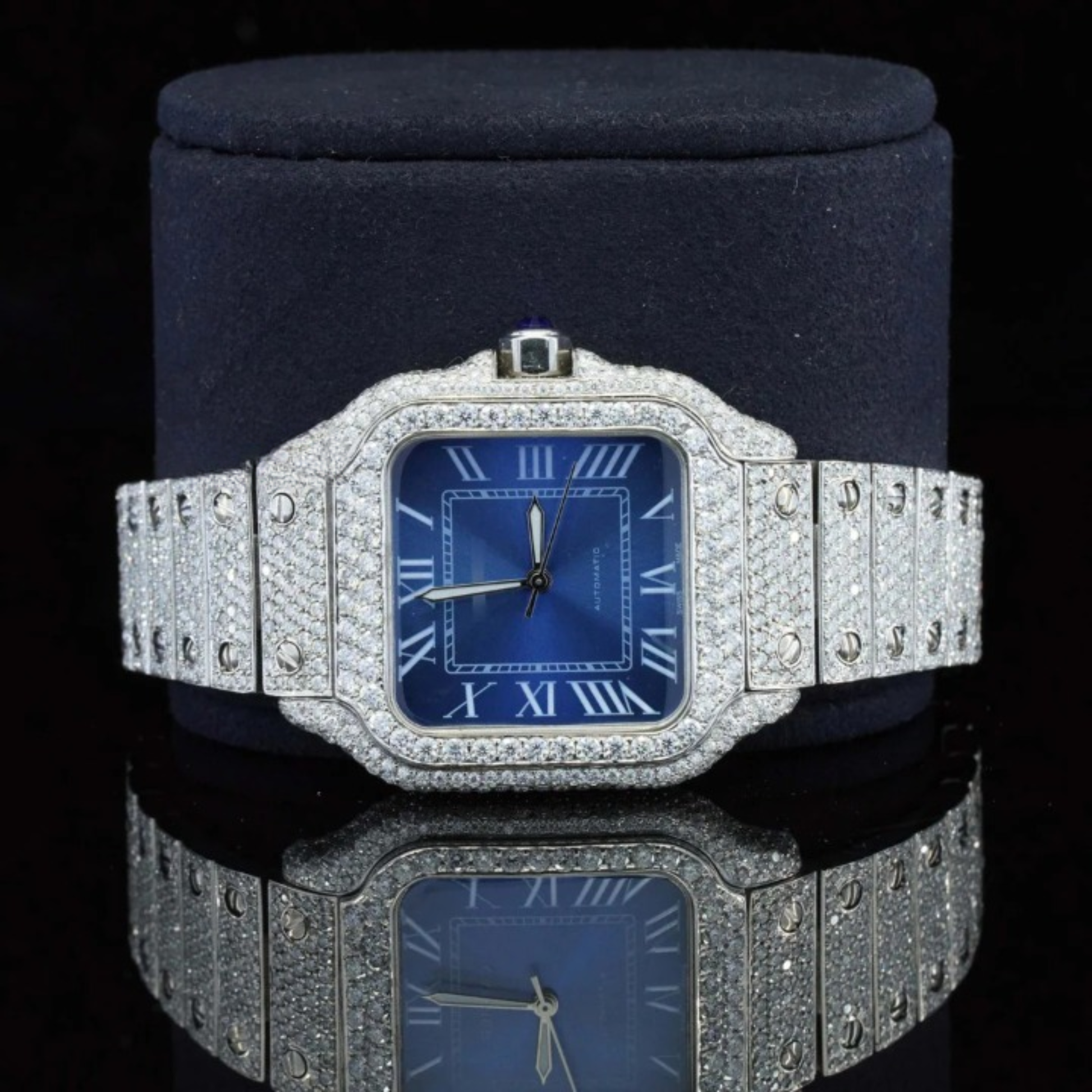 Iced Out Moissanite Watch Blue Dial Metal Belt Fully Automatic For Men