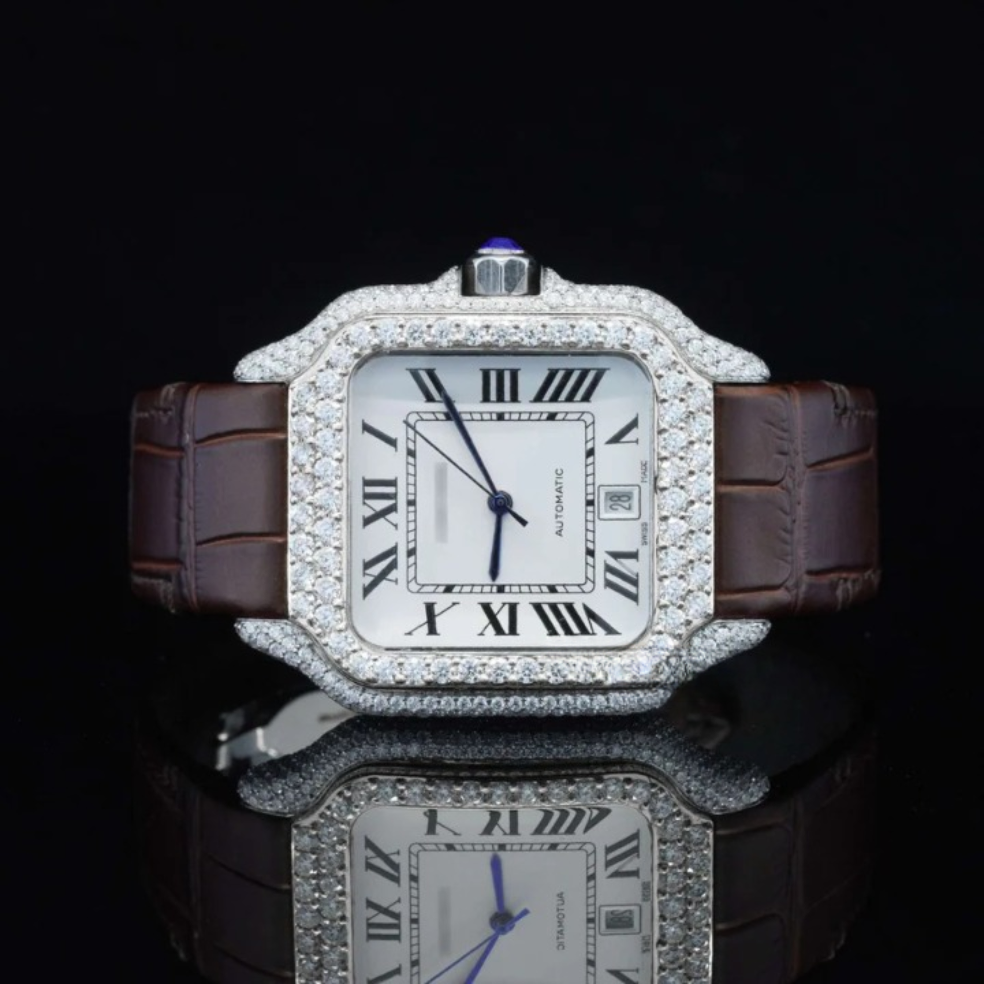 Amazing White Dial With Brown Leather Belt Moissanite Watch