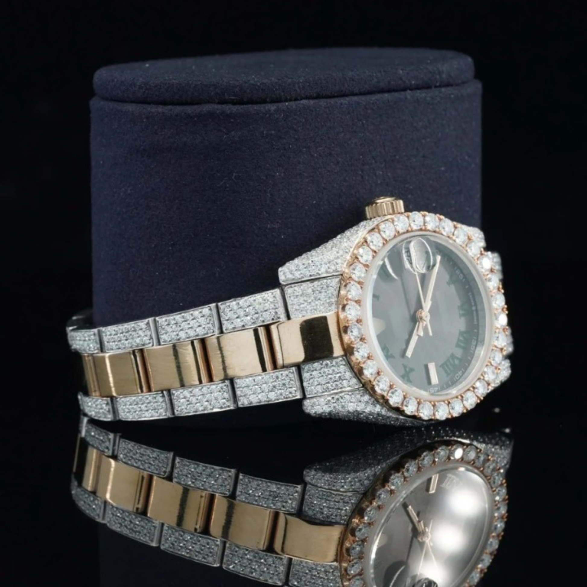 Fantastic Black Dial Iced Out Moissanite Watch Automatic Two Tone Watch For Women