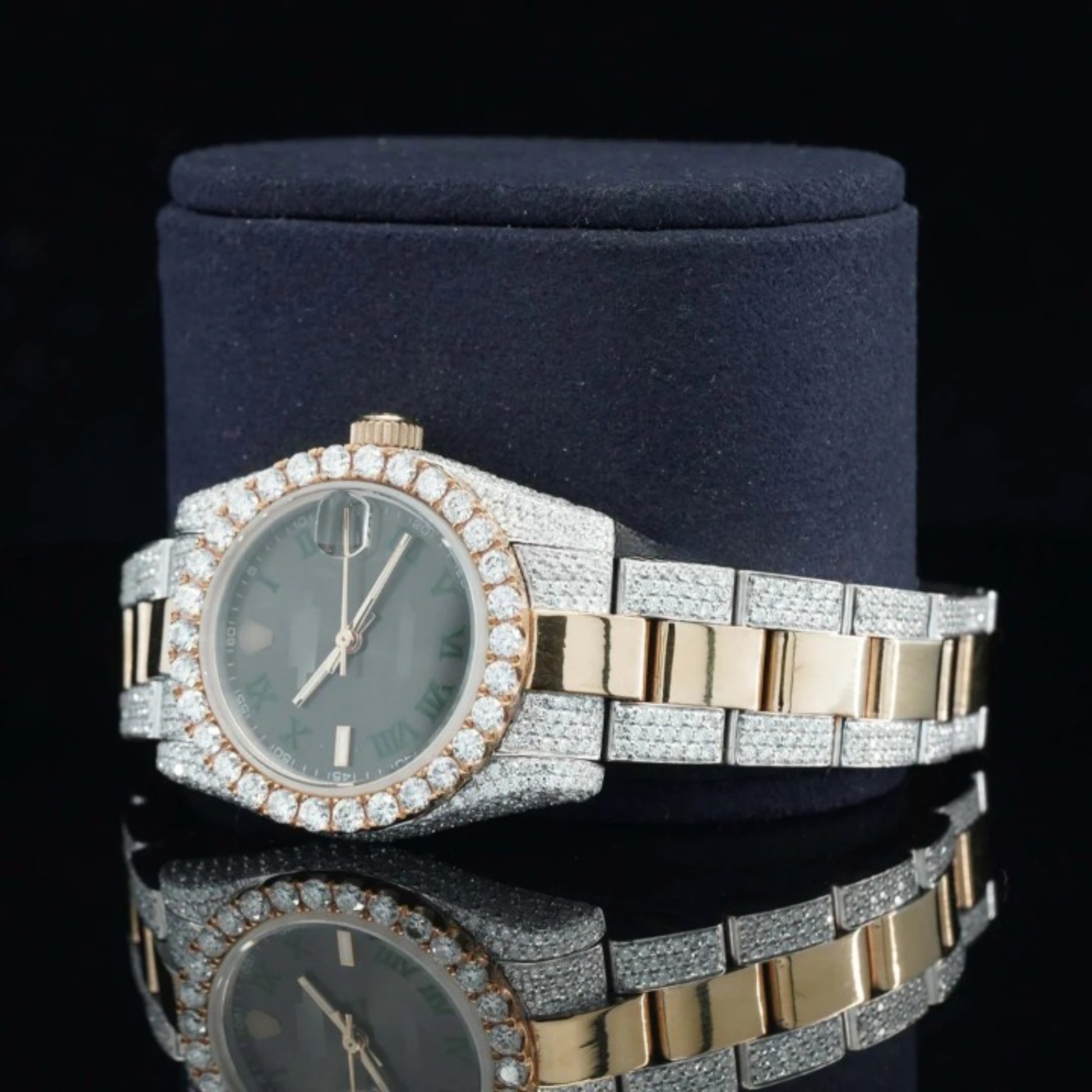 Fantastic Black Dial Iced Out Moissanite Watch Automatic Two Tone Watch For Women