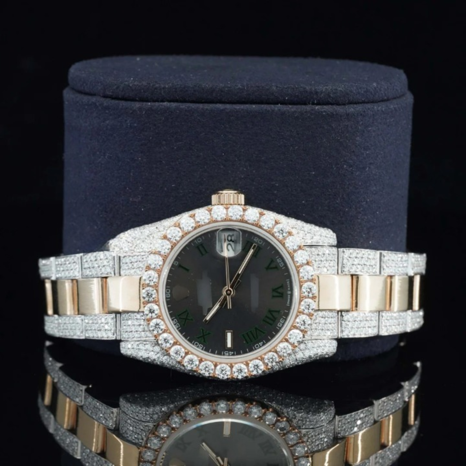 Fantastic Black Dial Iced Out Moissanite Watch Automatic Two Tone Watch For Women