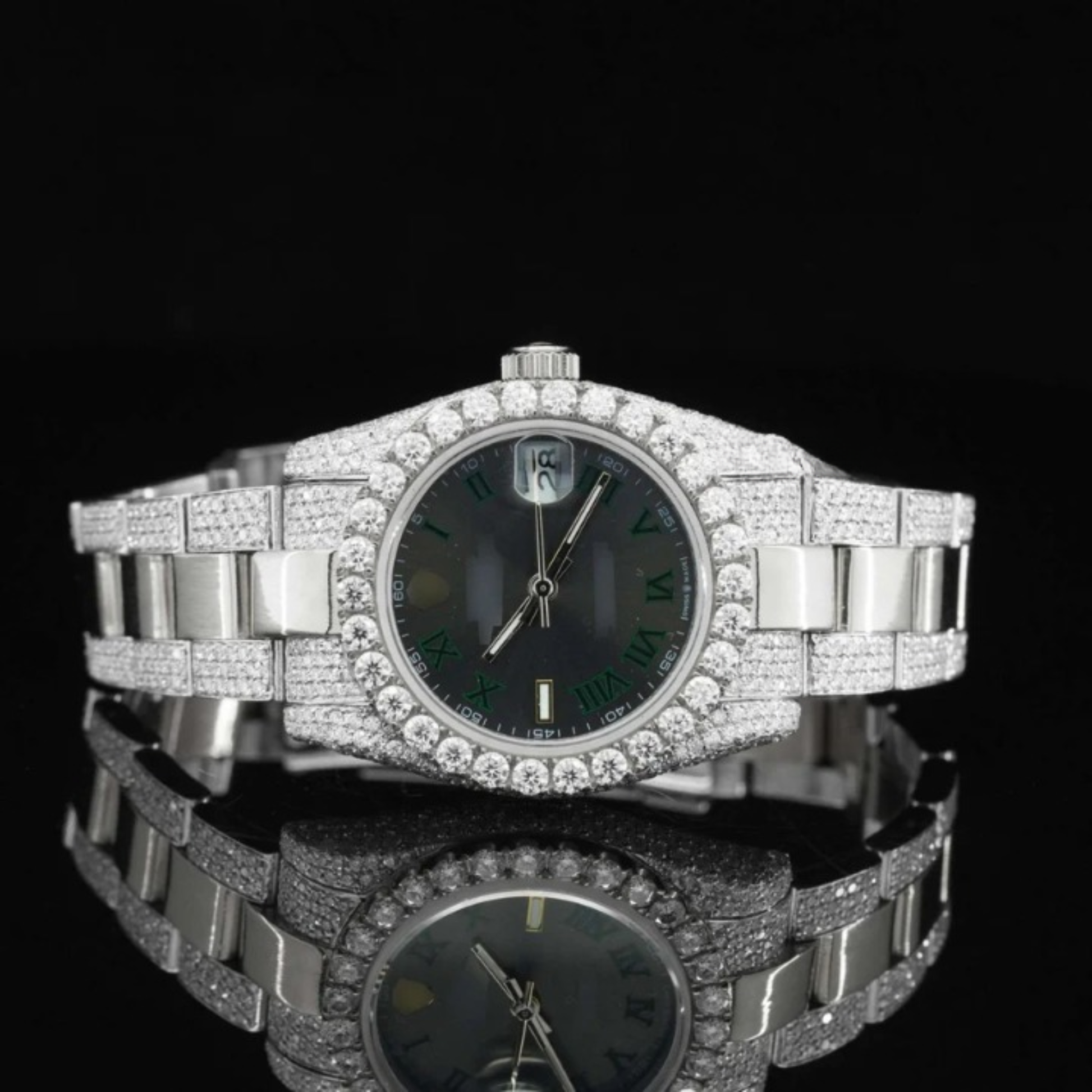 Fantastic Black Dial Iced Out Moissanite Watch Automatic Two Tone Watch For Women