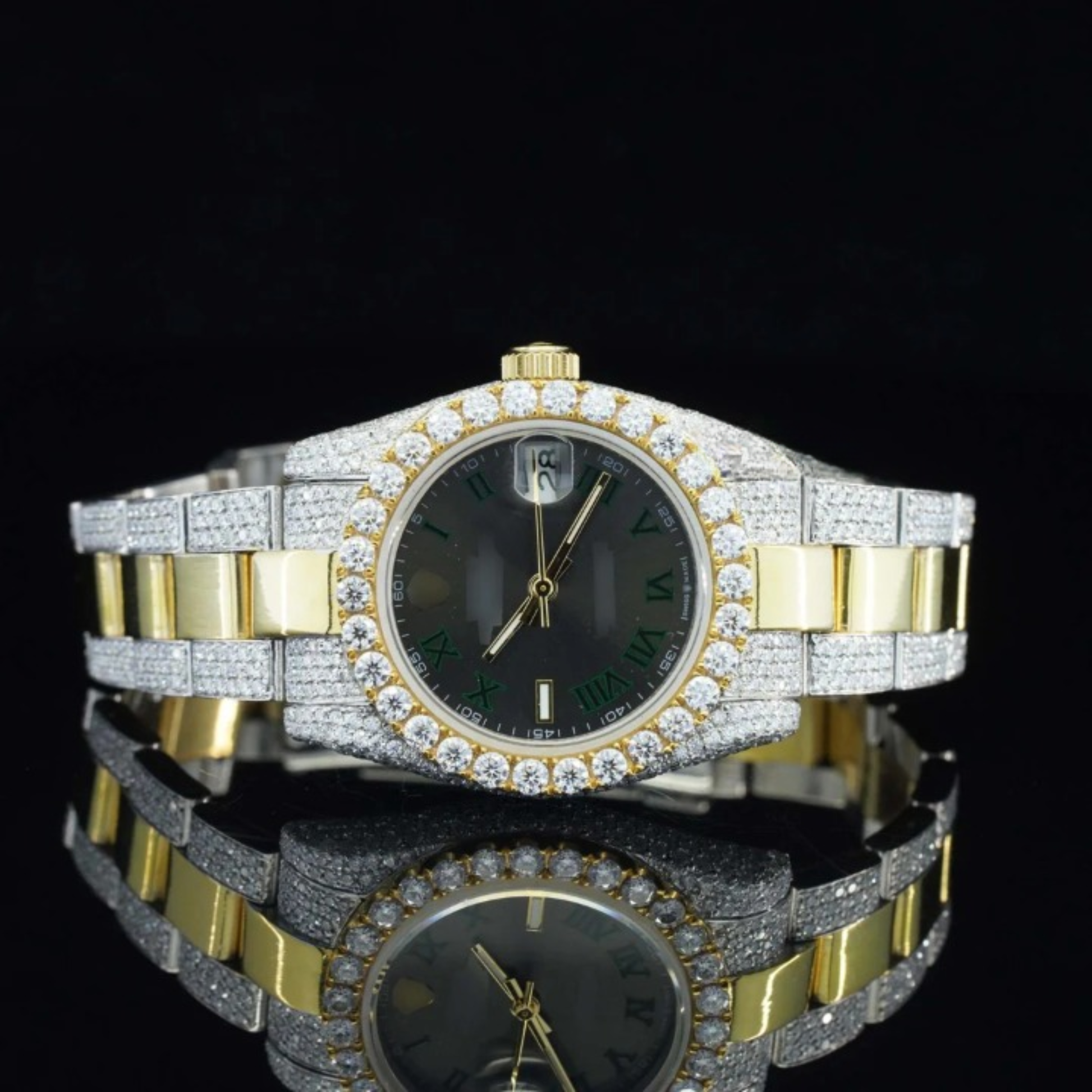 Fantastic Black Dial Iced Out Moissanite Watch Automatic Two Tone Watch For Women