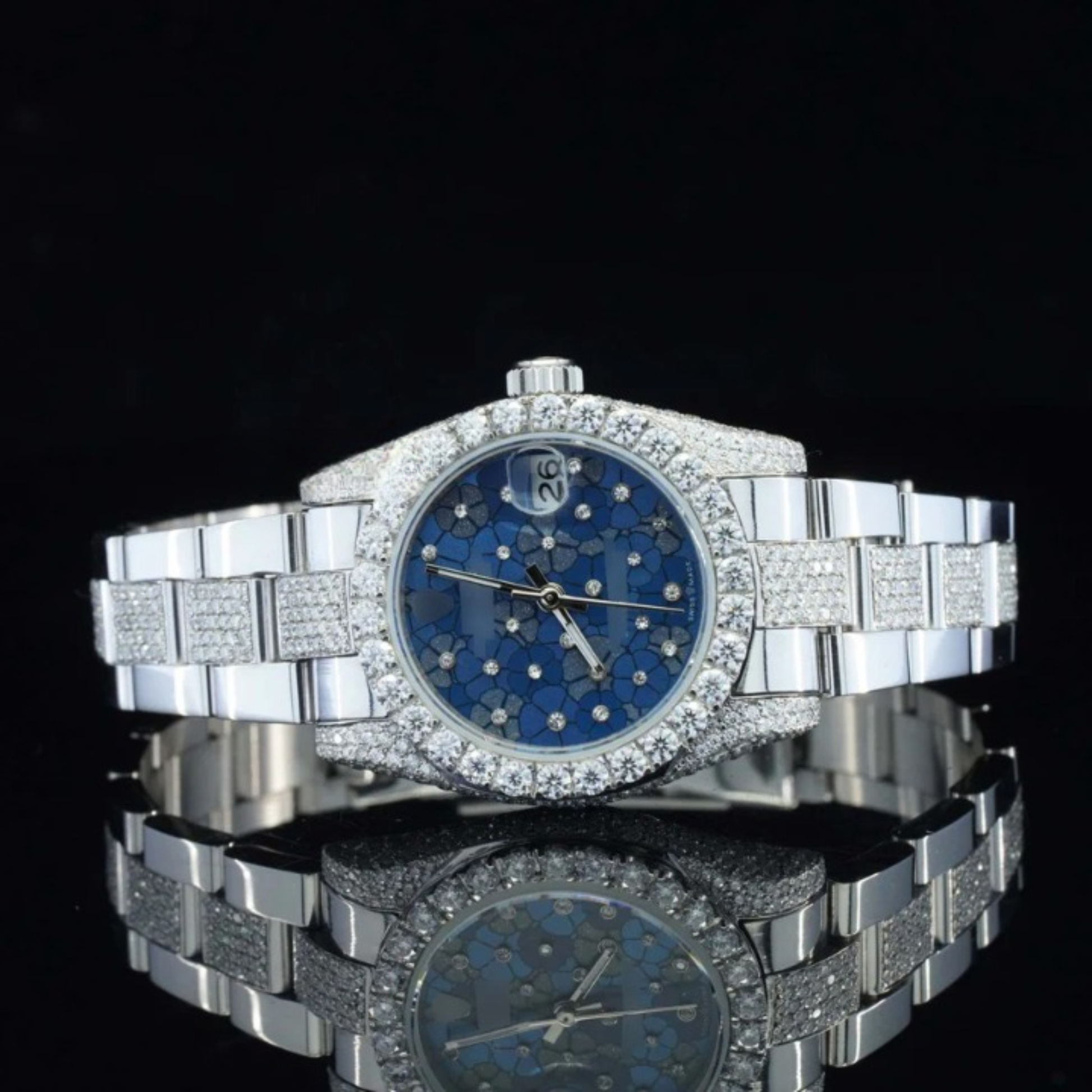 Flower Style Moissanite Iced Out Automatic Silver Watch For Women